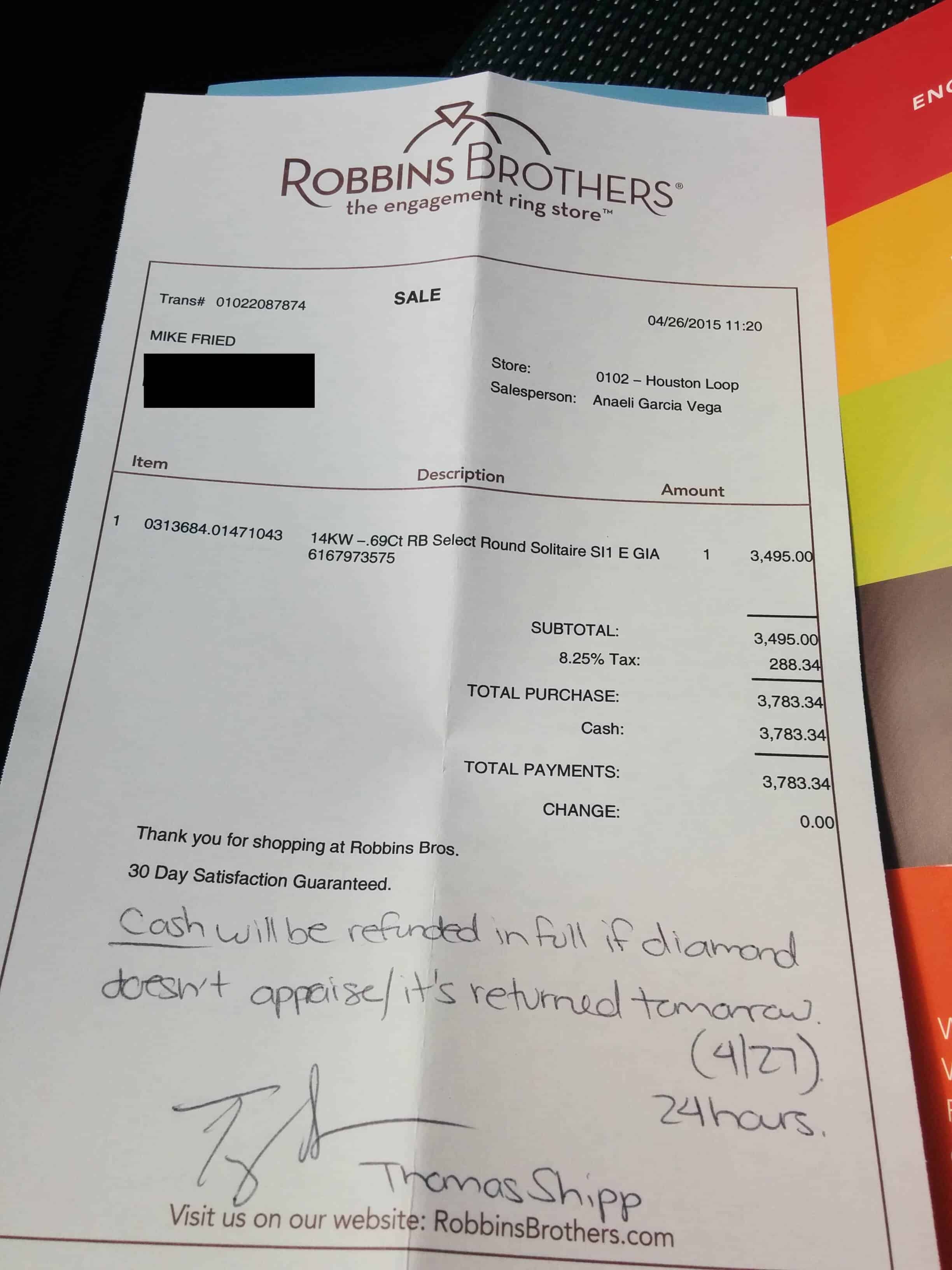 robbins brothers resizing cost