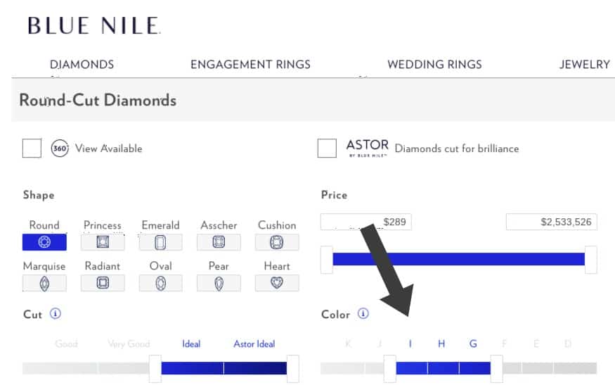 How to choose diamond color on Blue Nile