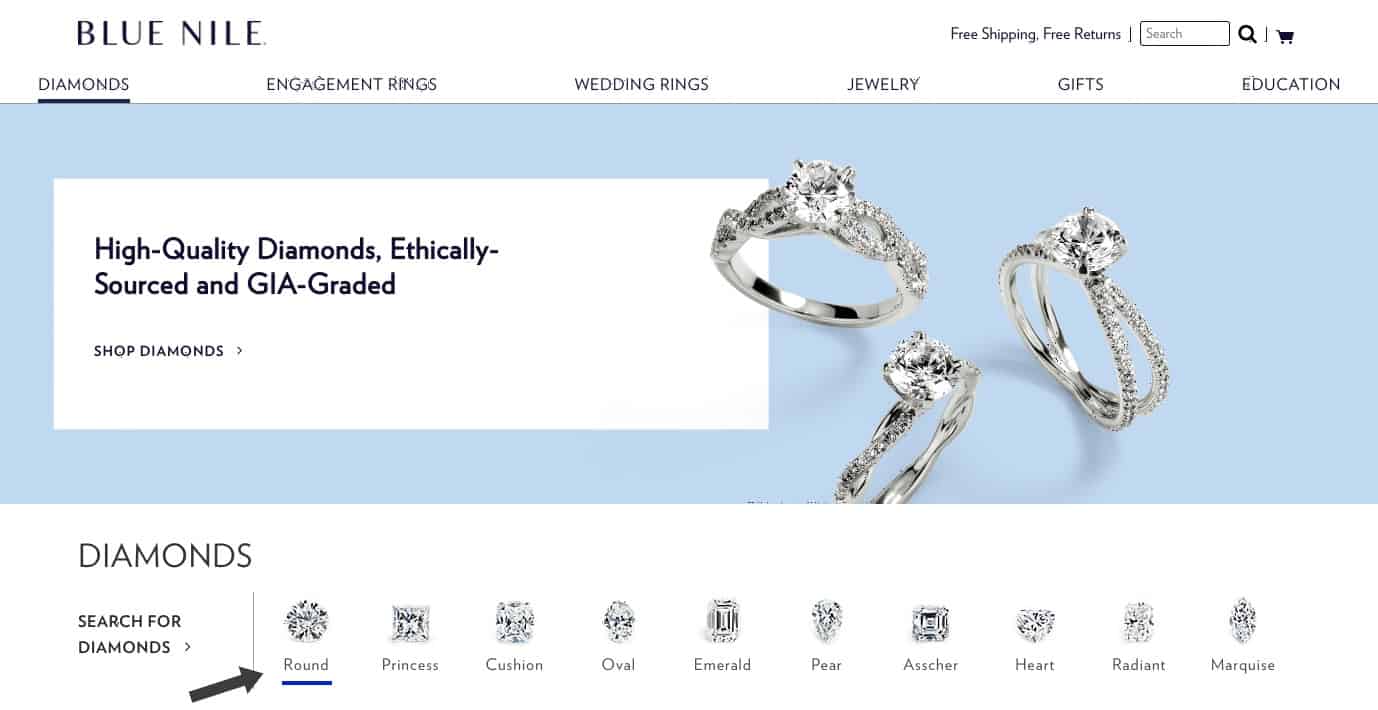 Elegir una forma de diamante en Blue Nile
