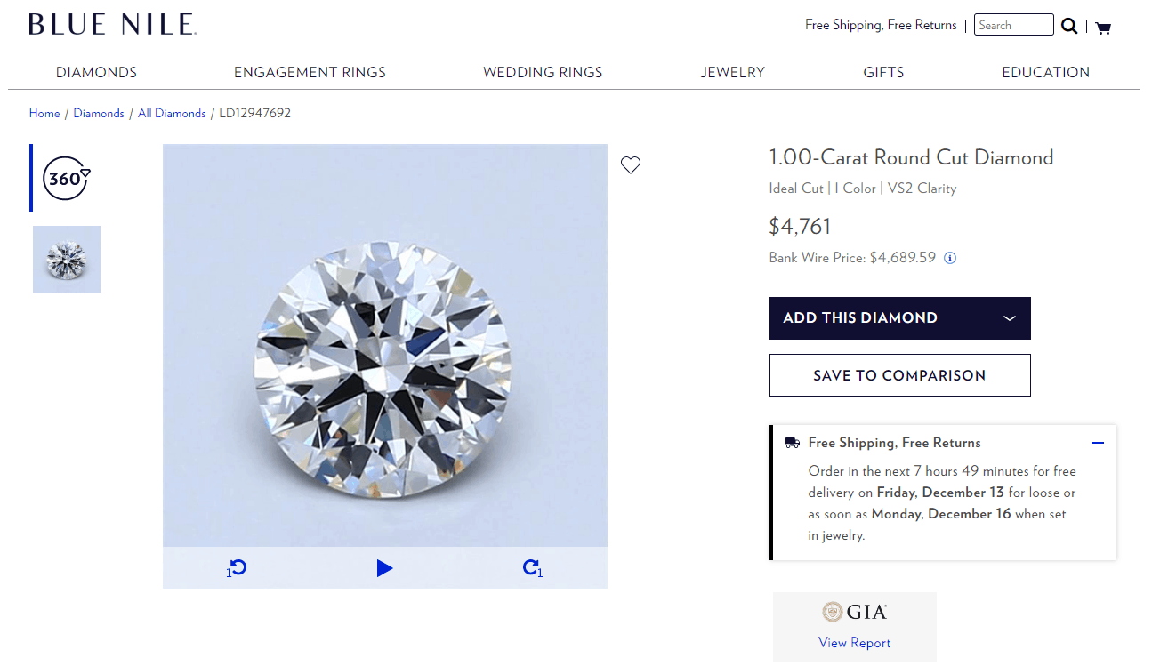 Blue Nile geselecteerde diamant