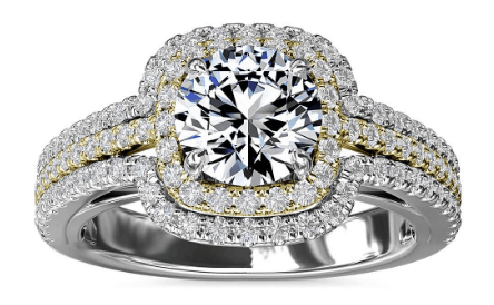 Two-Tone Three Row Cushion Halo Diamond Engagement Ring 