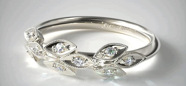 14K White Gold Navette Leaf Diamond Ring