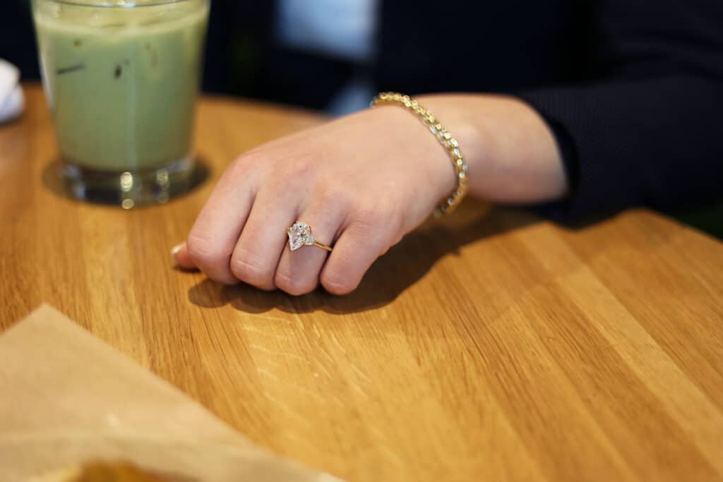 Three-Stone Half-Moon Pear Shape Diamond Engagement Ring 