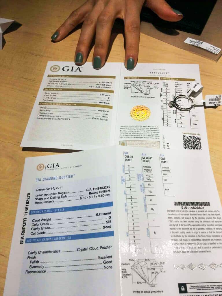 Certificates of Diamonds seen at Robbins Bros