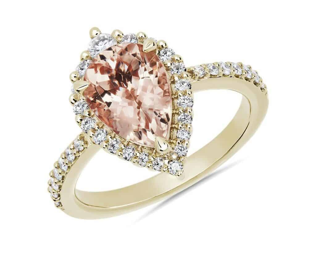 Pear shaped morganite ring in a halo style