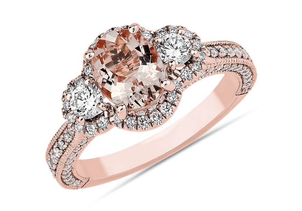 Three stone halo milgrain diamond morganite ring