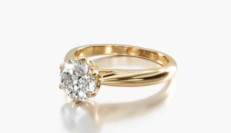 modern tulip diamond ring with six prong cathedral setting in 14k yellow gold