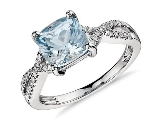 Aquamarine and Diamond twisted shank Ring